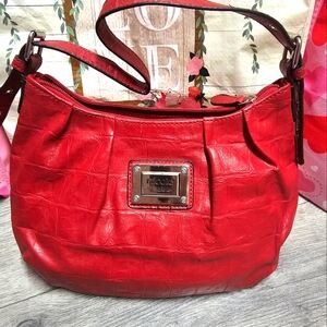 Nicole Miller EUC Leather Embossed Red Satchel Handbag Shoulder Bag